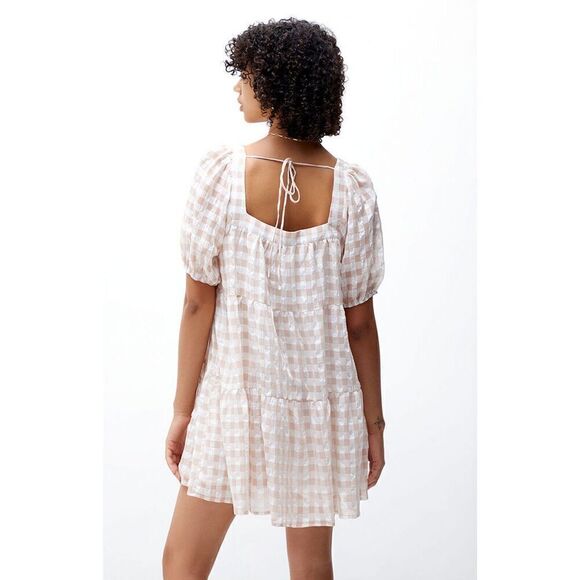 En Saison Value Mini Dress M White Rust Pink Gingham Puff Sleeve Tie Back Tiered - Picture 4 of 12